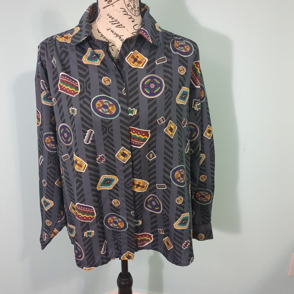 Diane Von Furstenberg Shirt Aztec Southwestern Button Up pottery print vint